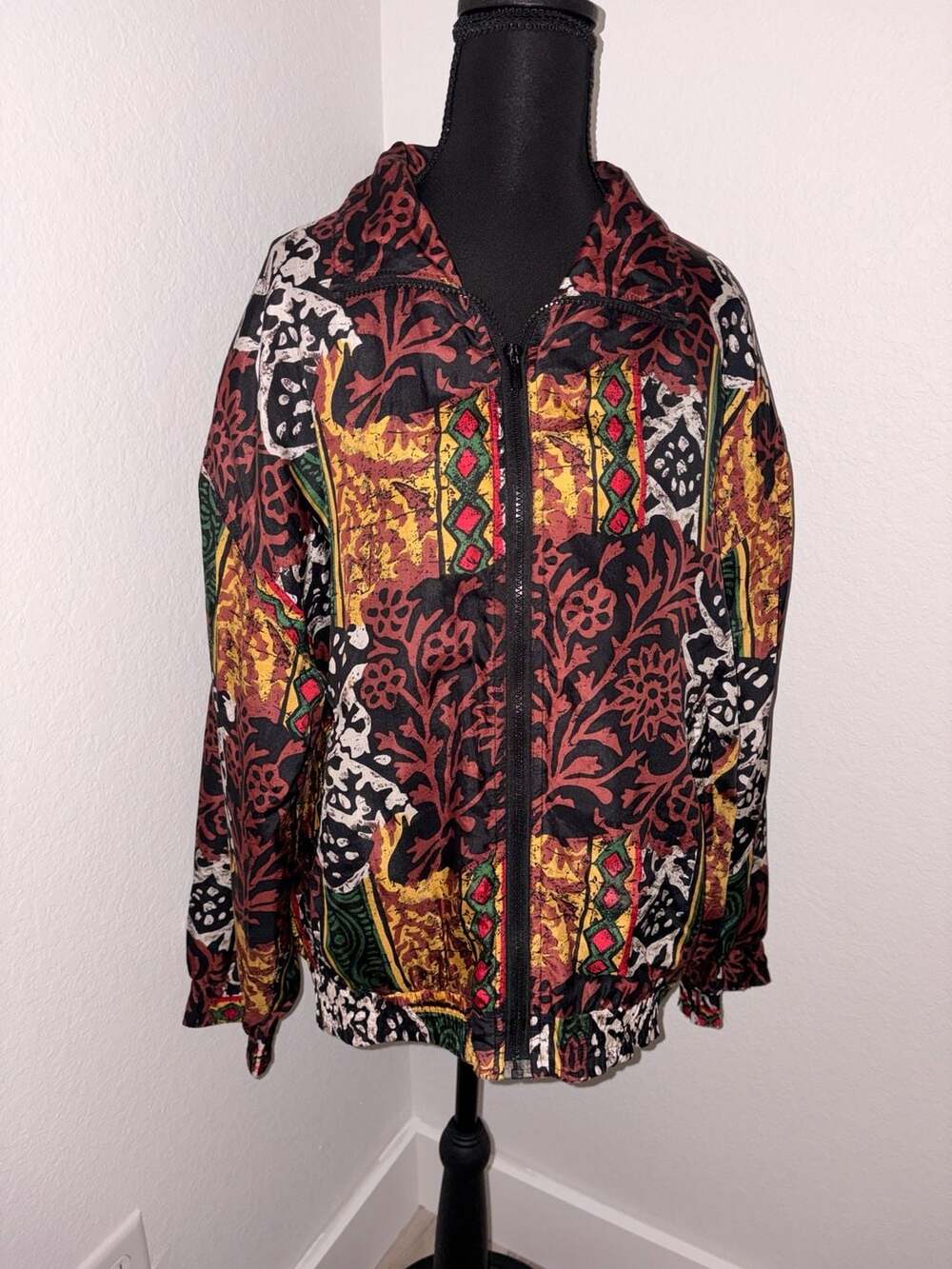 Bogari Studio Vintage 100% Silk Full Zip Patterned Bomber Jacket Size L